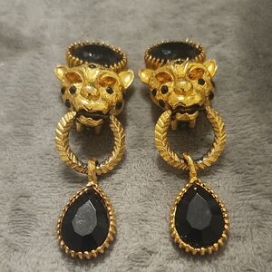 R.J. Graziano Gold-Tone Leopard Drop Earrings with Black Stones
